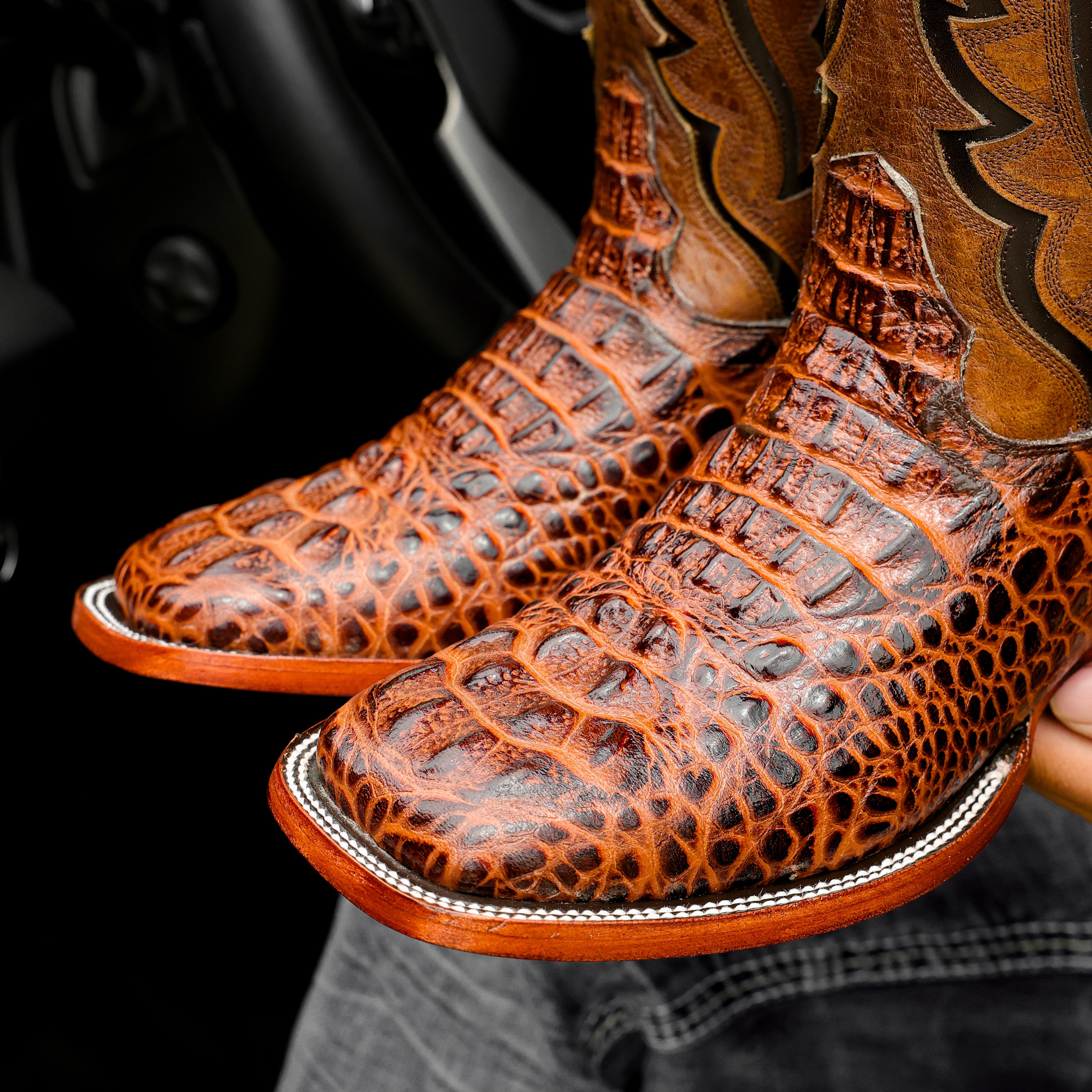 Cognac Caiman Neck Leather Boots - Square Toe
