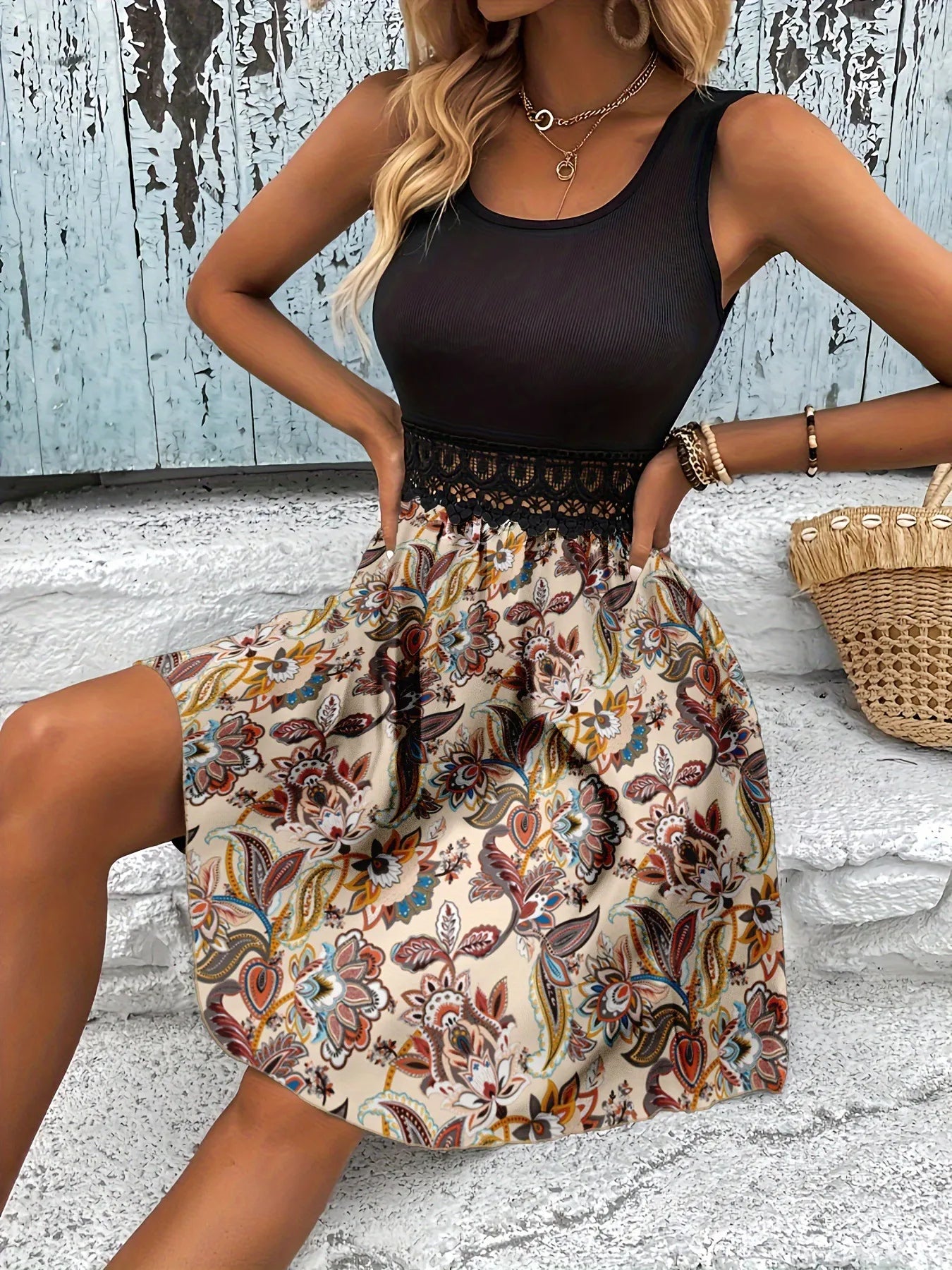 Printed A-Line Tank Dress With Lace Waist Detail