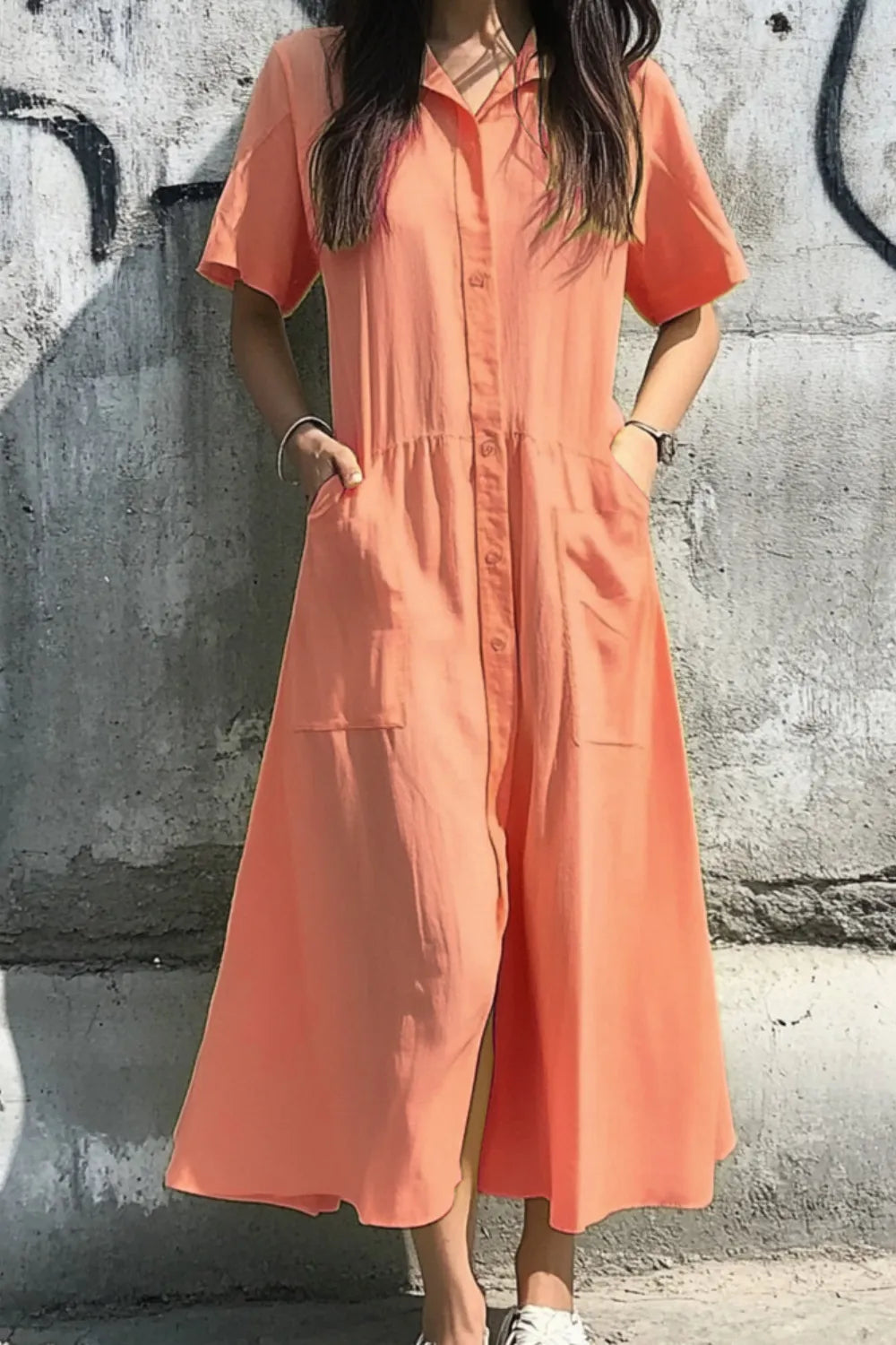 Button Front Short Sleeve Midi Dress