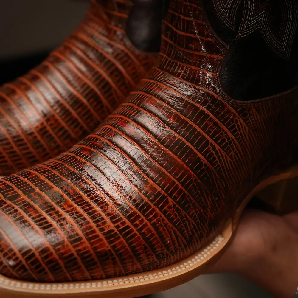 Cognac Lizard Leather Boots — Square Toe