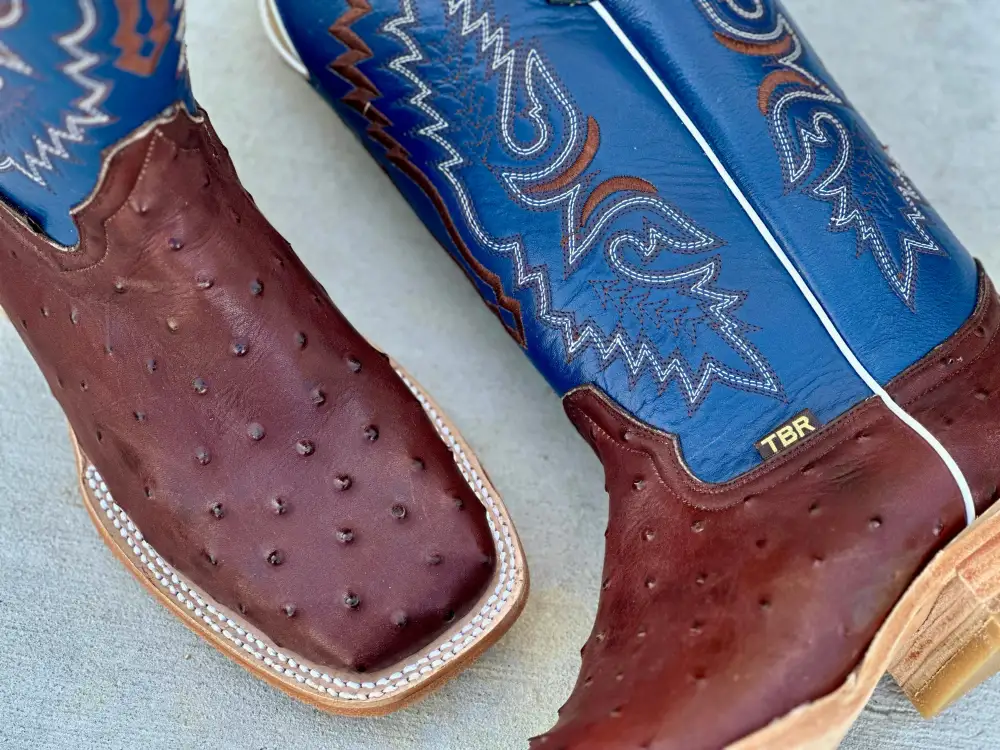 Men’s Chocolate Brown Ostrich Leather Boots With Blue Shaft