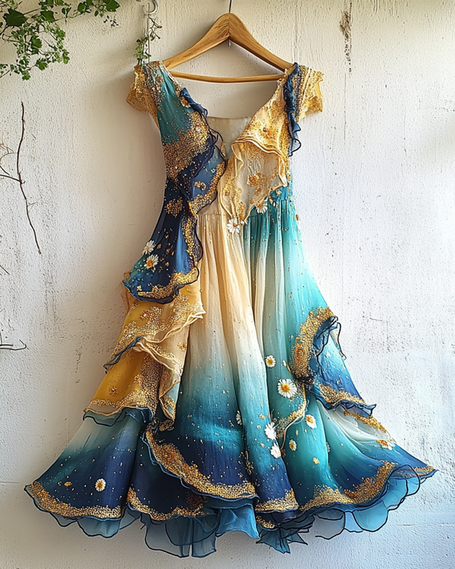 Gilded Ruffled Daisy Embroidery Gradient Irregular Dress 0de4