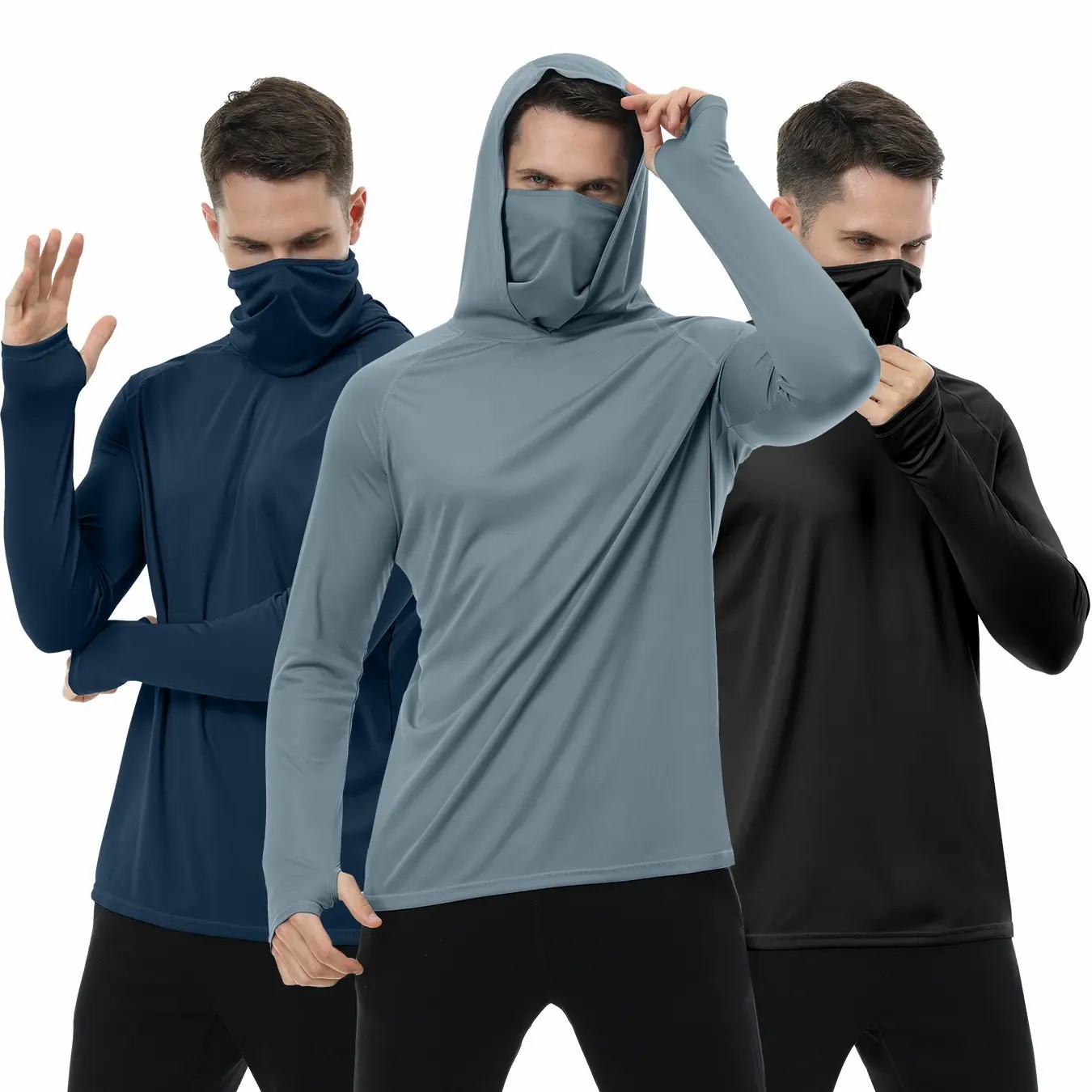 3 PACKS Men's Athletic Hoodies Long Sleeve Fishing Shirts for Men Hooded Set with Face Mask