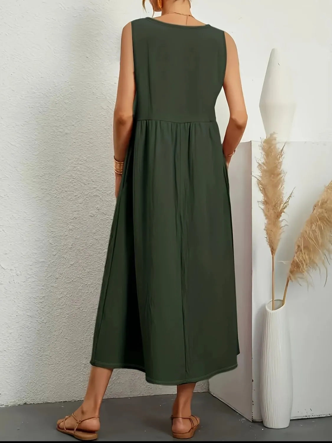 Full Size Pocketed V-Neck Sleeveless Midi Dress Plus Size