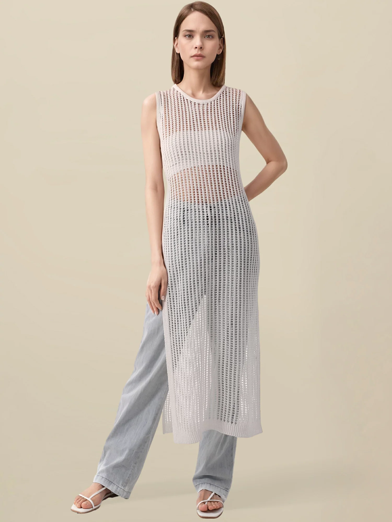 Lyocell Round Neck Sleeveless Cut-out Dress