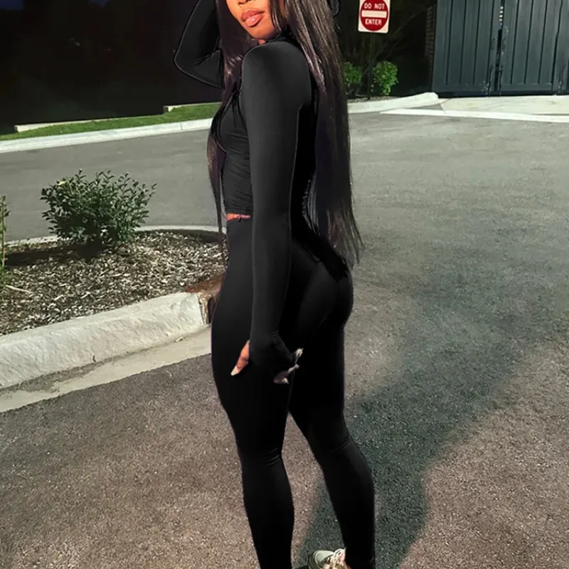 Women's Solid Color Zip Up Crop Top & High Waist Leggings Two-piece Set