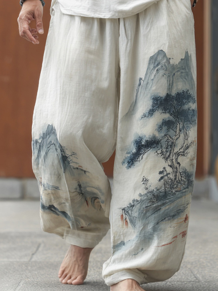 Men's Retro Japanese Landscape Print Casual Pants