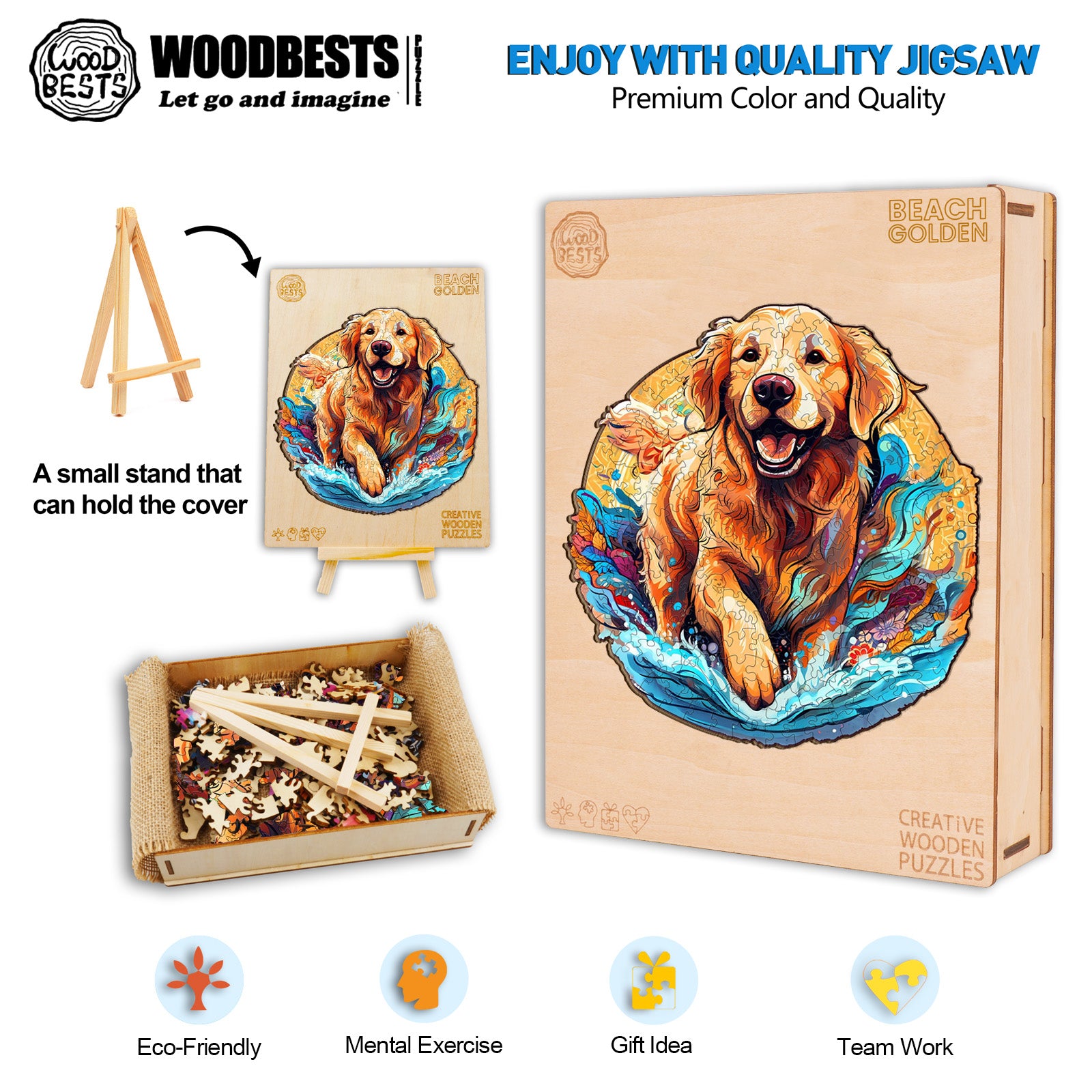 Beach Golden Retriever Wooden Jigsaw Puzzle