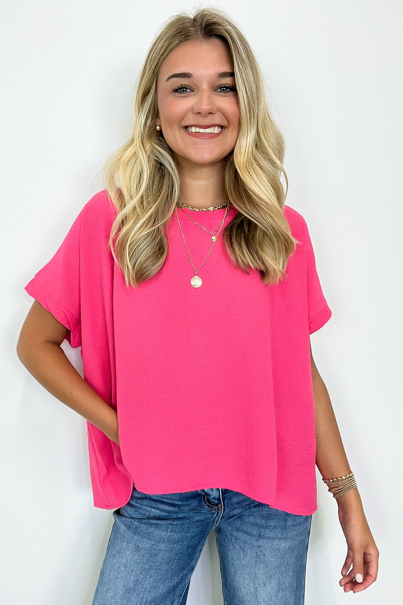Woven Round Neck Flowy Top