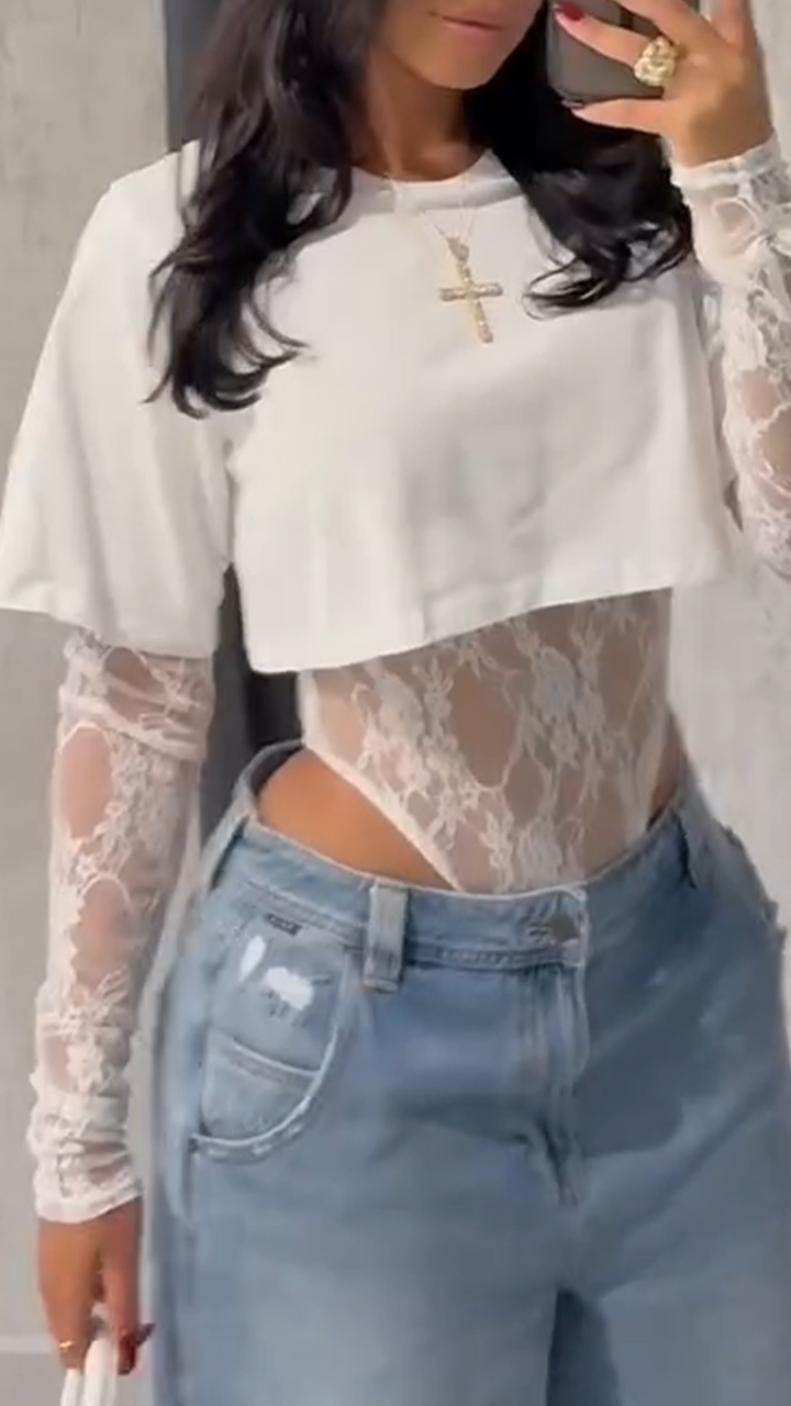 Women's Round Neck Solid Color Short T-shirt + Lace Jumpsuit Two-piece Set