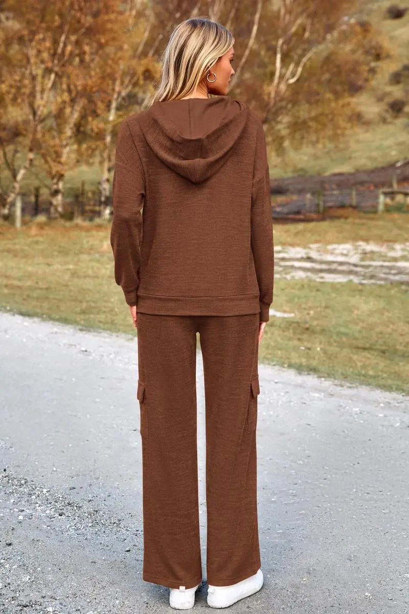 Women's Fall Knitted Hoodie Tracksuits Wide Leg Pants With Pocket Sets