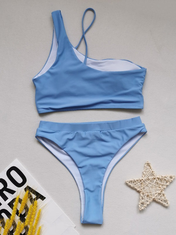 Fashion One-Sholuder Hollow Bralette High-Waisted Plain Bikini Swimwear