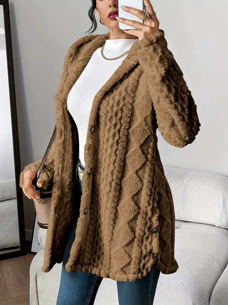 Winter Warm Fashion Jacquard Plush Hooded Cardigan Coat