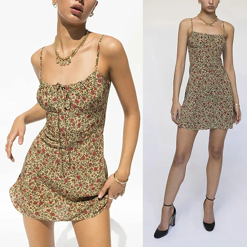 Women's Floral Dress Low-Cut Square Neck Spaghetti Strap Tie Bodycorn Dresses Casual Wear Slip with Adjustable Straps & Elastic Neckline
