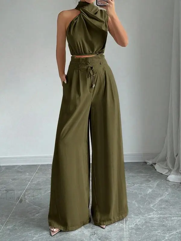Women's Solid Color Crop Tank Top & Wide Leg Pants Two-piece Set