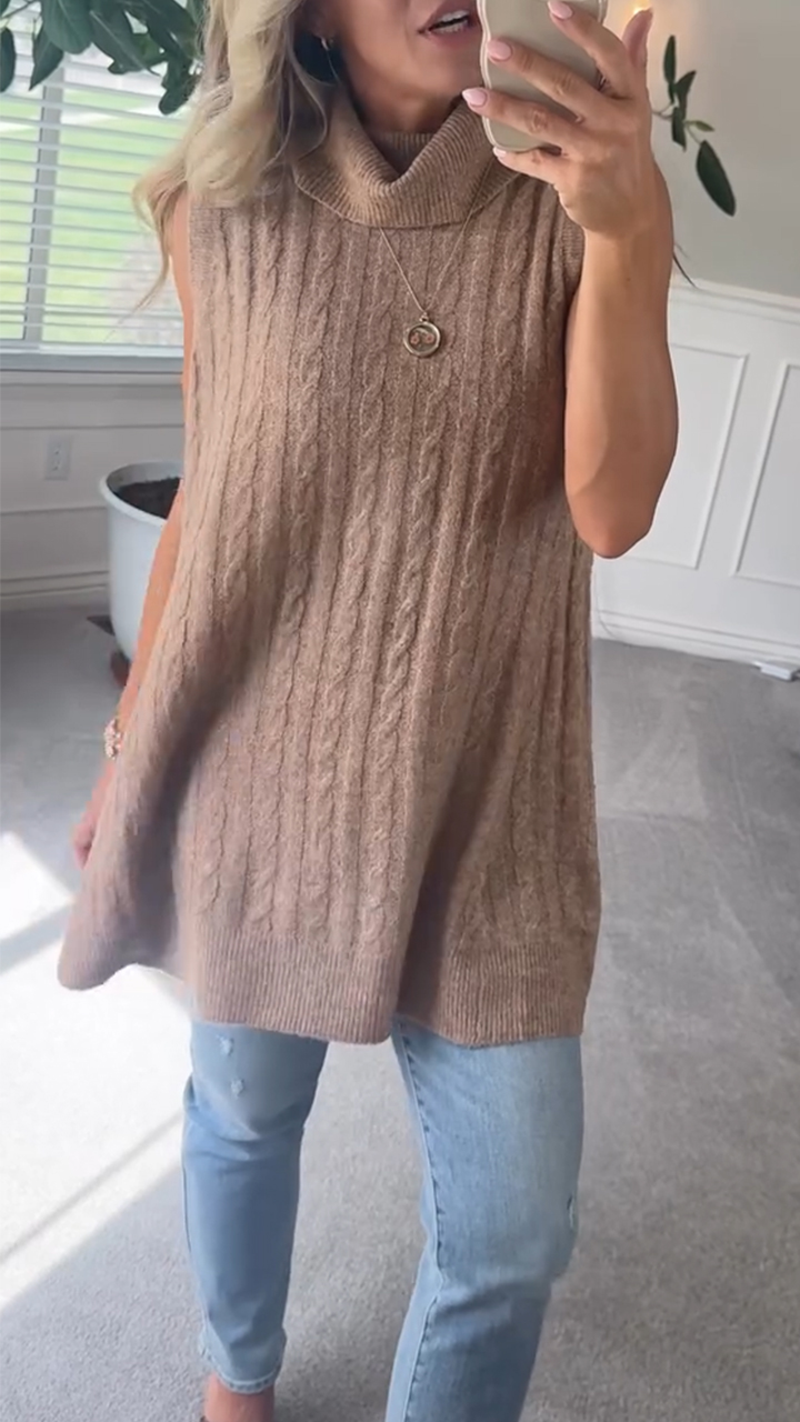 Women High-neck Knitted Solid Color Casual Top