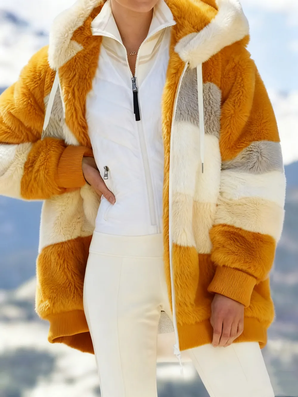 Women's Colorblock Drop Shoulder Hooded Polar Fleece Coat