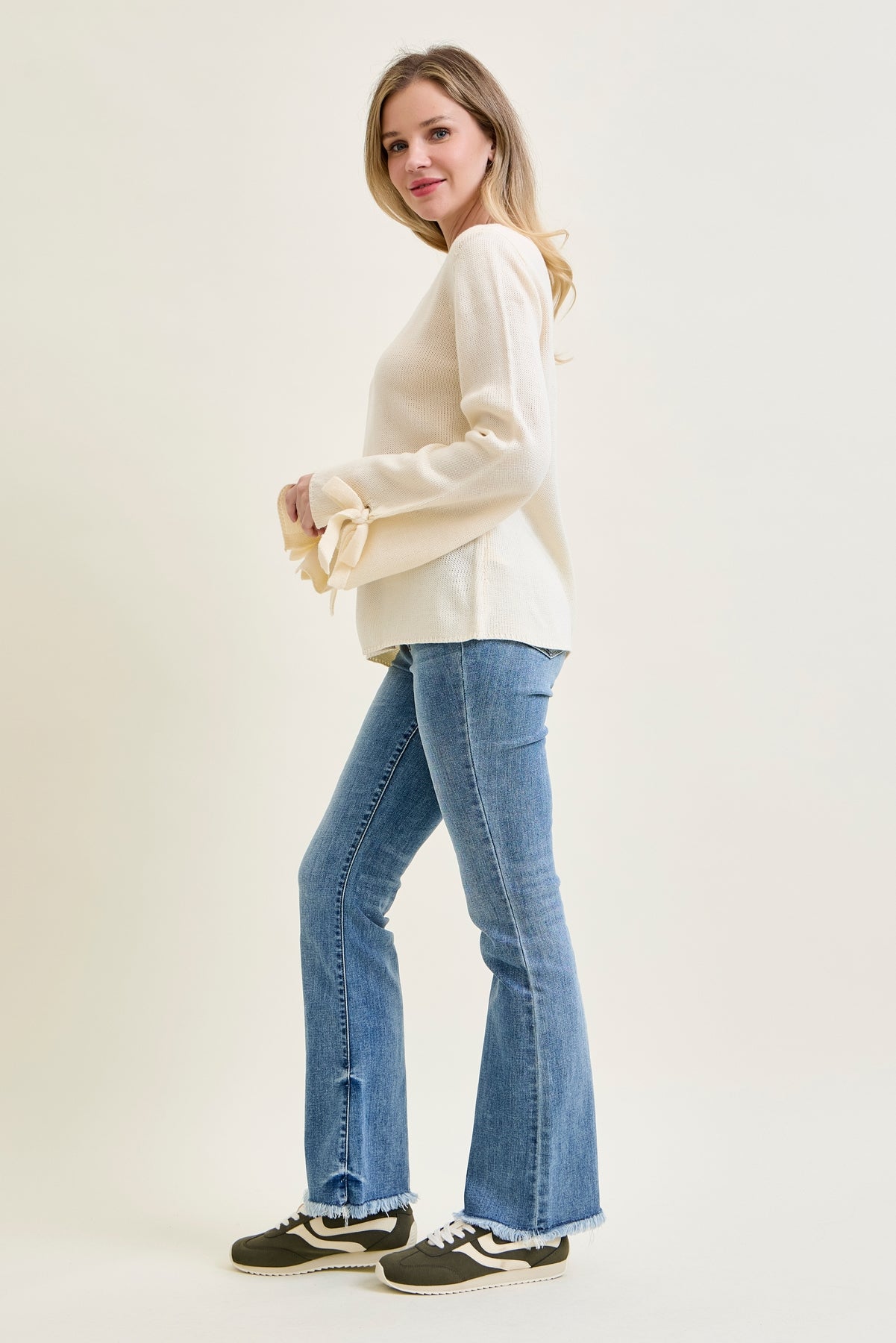 Tie Sleeve Pullover White Sweater