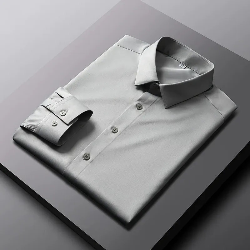 2025 New Elastic Silk White Shirt Men'S Long Sleeve Iron-Free Solid Color Breathable Casual Slim Business Men'S Shirt