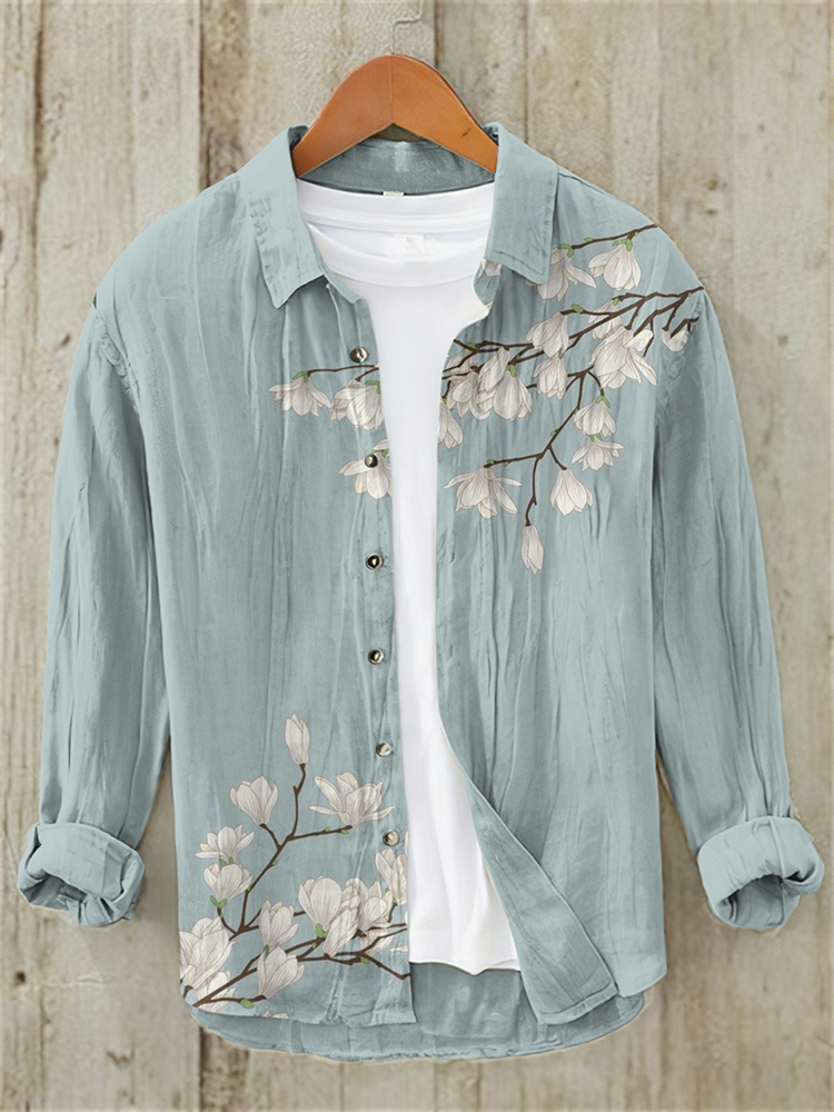 Men's Vintage Japanese Art Floral Casual Linen Blend Shirt