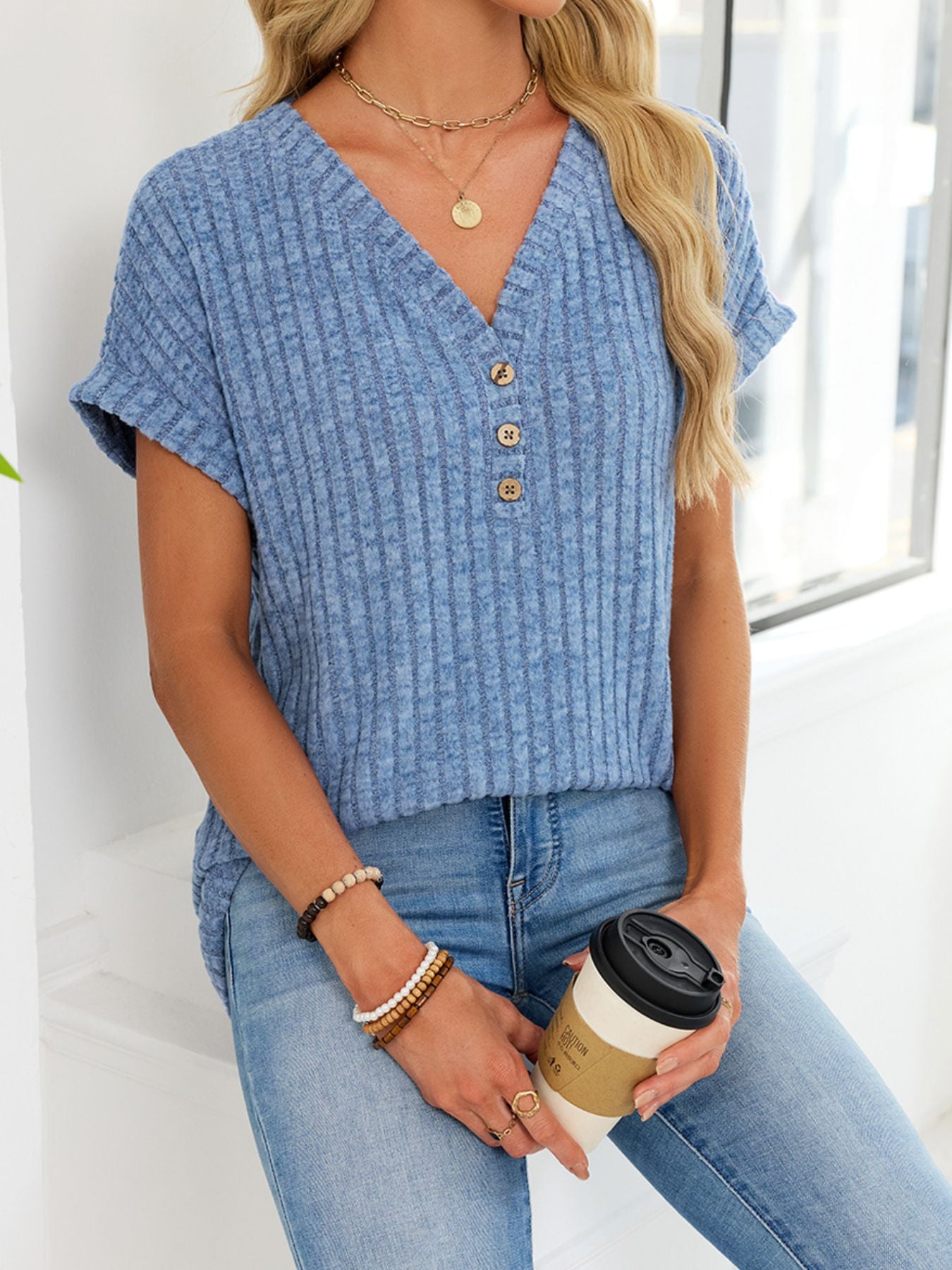 Ribbed Knit V-Neck T-Shirt