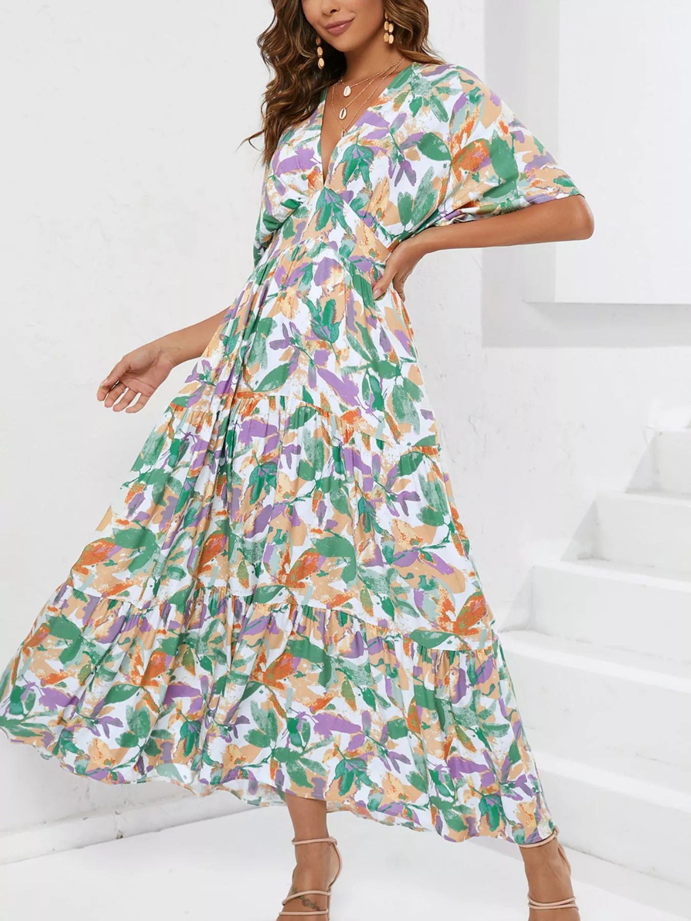 Printed V-Neck Ruffle Hem Flowy Midi Dress
