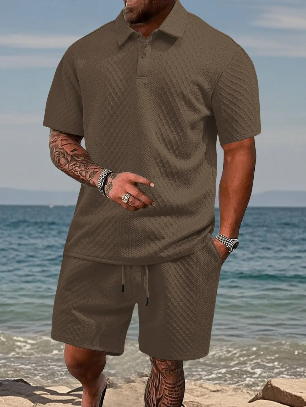 🔥Men's Solid Polo Shirt & Drawstring Waist Shorts Set, Cozy Breathable Two-piece Outfits for Daily Outdoor Wear, Men Clothes for Summer