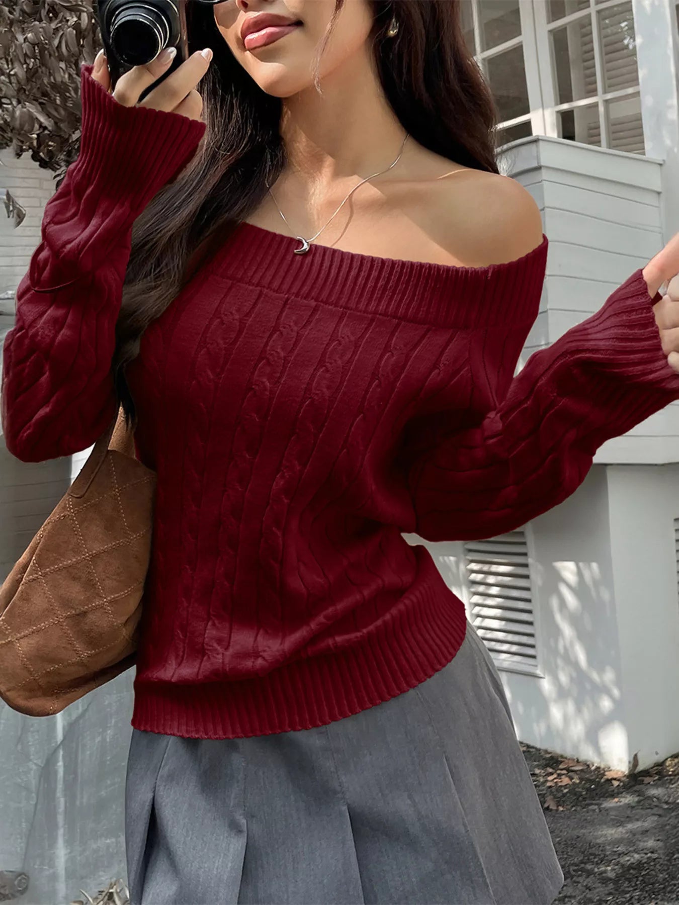 Off-Shoulder Cable Knit Sweater