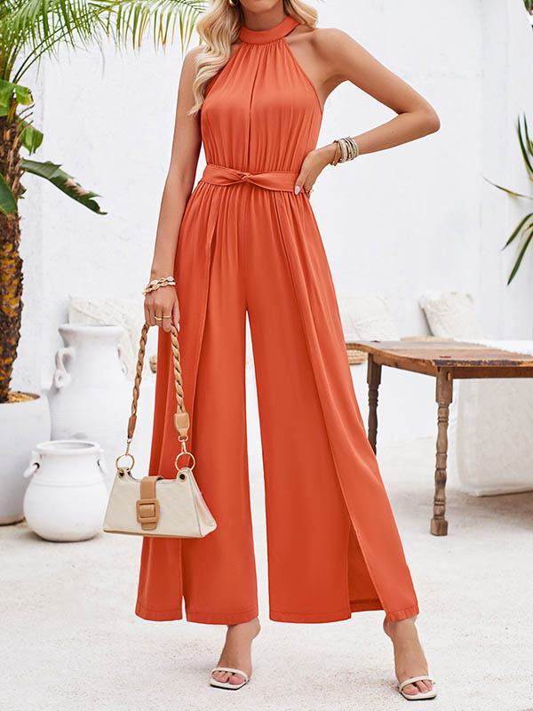 Pleated Solid Color Split-Front Tied Waist High Waisted Loose Halter-Neck Jumpsuits
