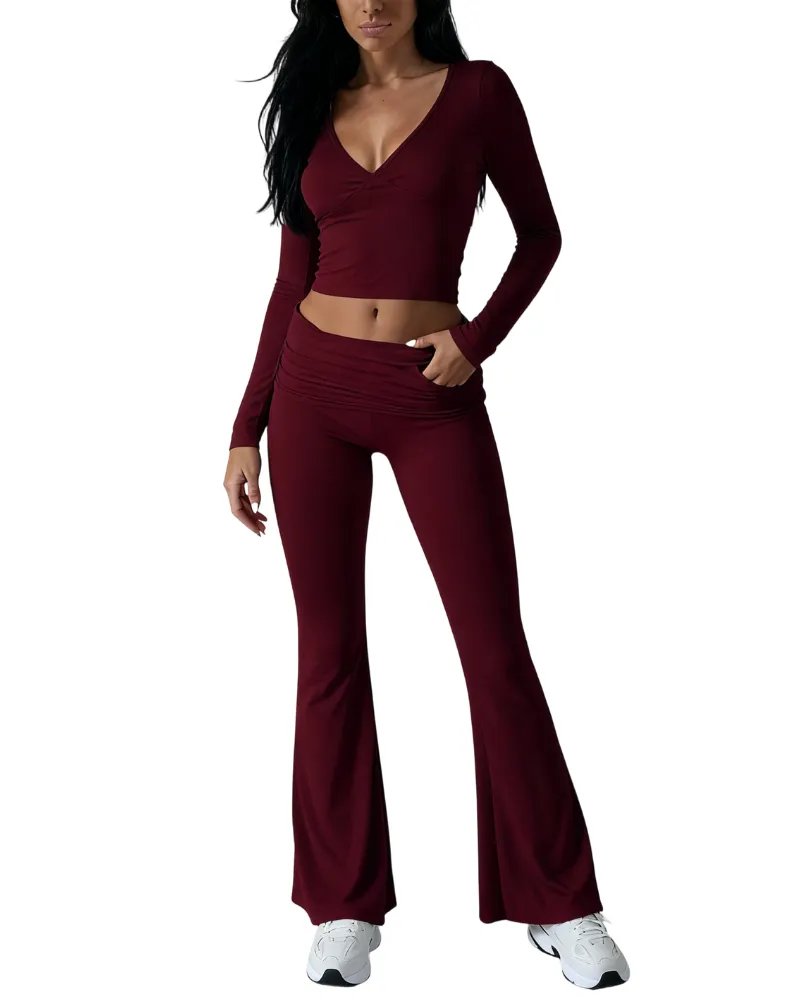 Elegant Casual V-Neck Long Sleeve Basic Two-Piece Outfit Set