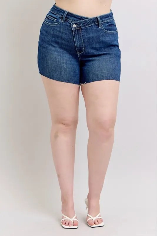 High Waist Criss-Cross Waistband Denim Shorts