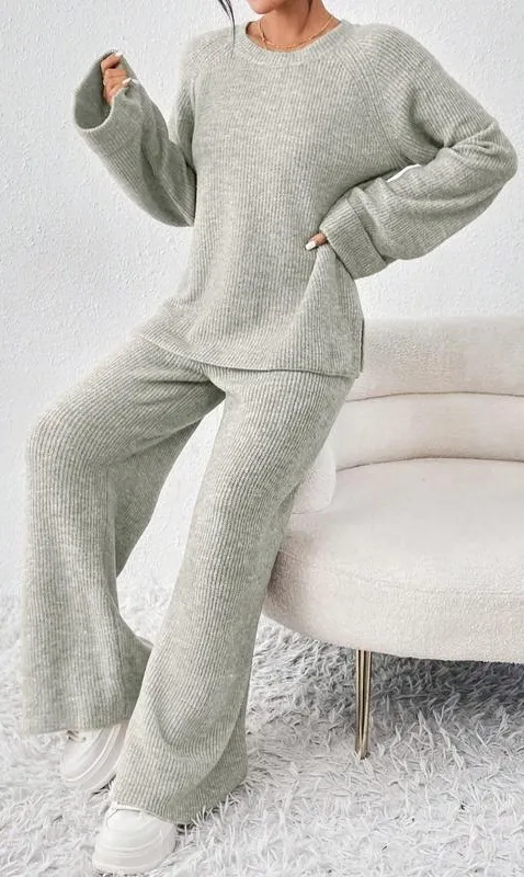 Women's Raglan Sleeve Split Long Sleeve Sweater & Elastic Waist Pants Set