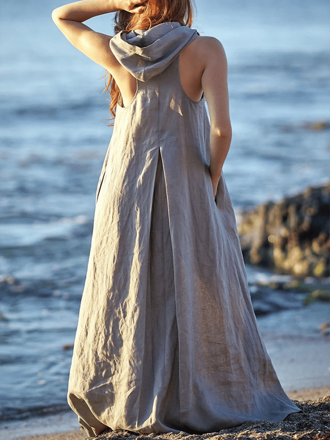 Women's Retro Solid Color Hooded Sleeveless Loose Casual Cotton Dress  316b