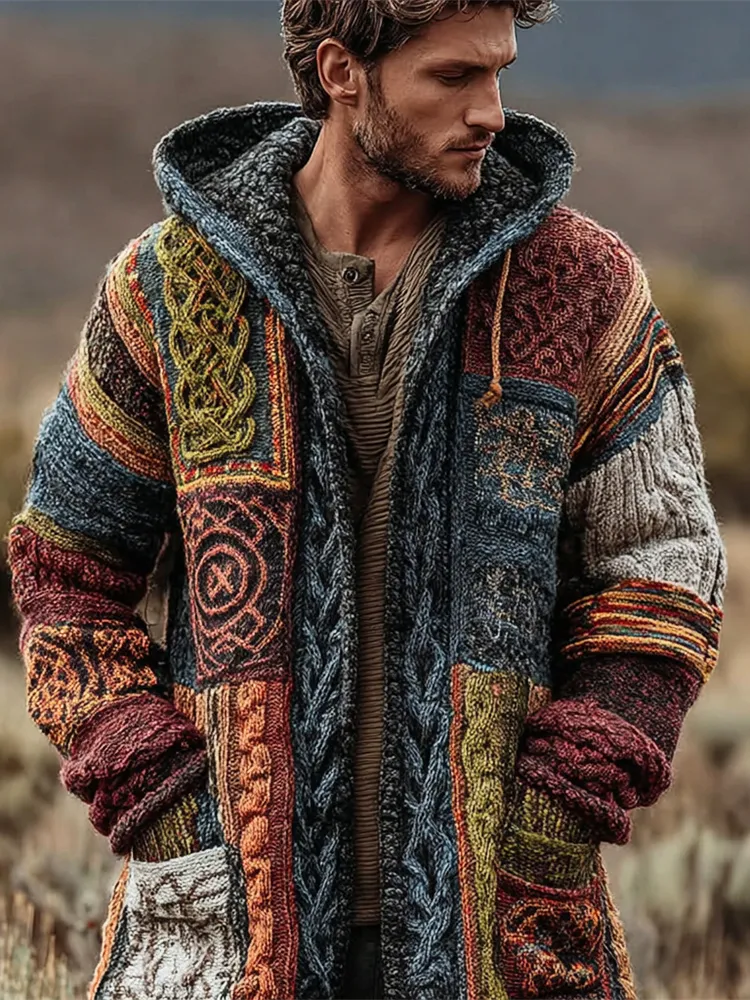 Viking Vintage Geometric Celtic Knot Art Men's Knit Hooded Cardigan