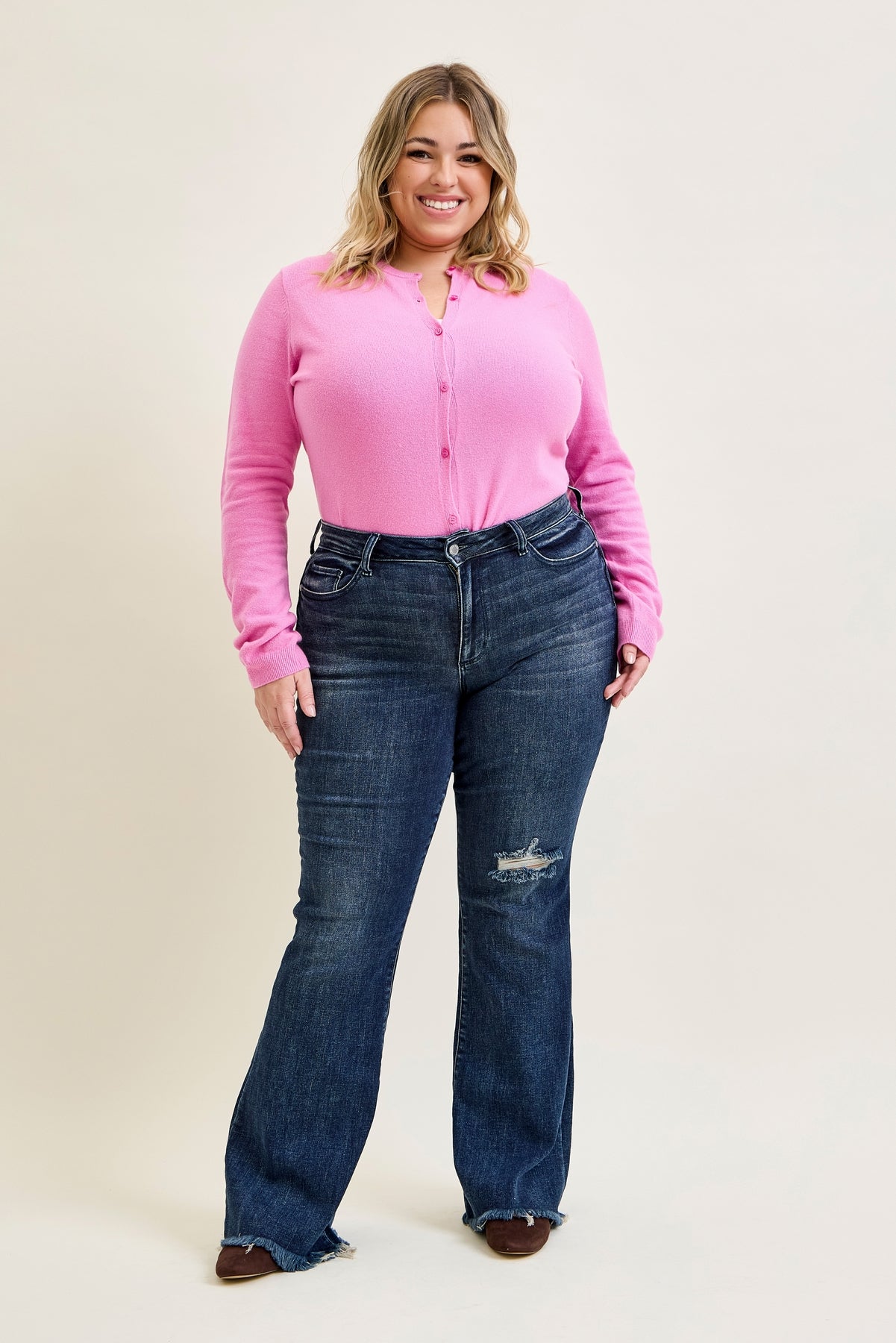 Amanda Mid Rise Flare Jeans with Distressed Knee & Frayed Hem - PLUS