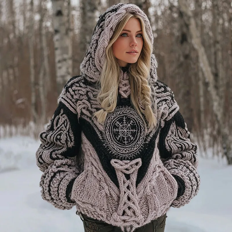 Women's Viking Celtic Knot Vegvisir Rune Knit Hooded Sweater