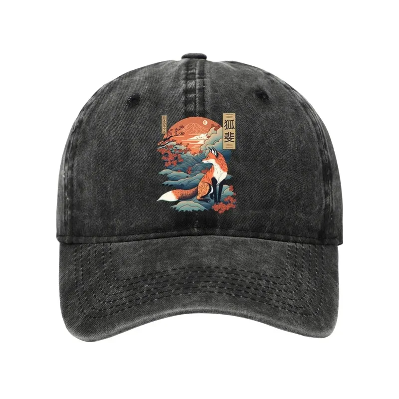 Japanese Kitsune Fox Sakura Washed Cap