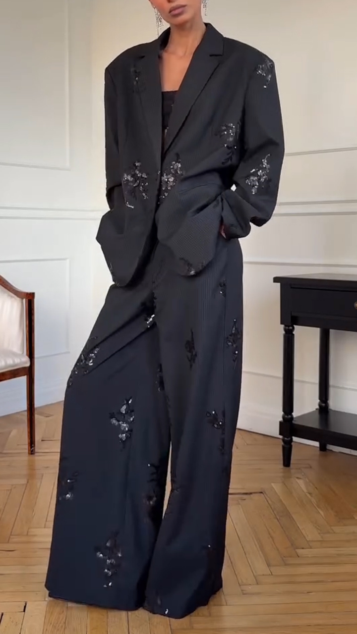 Women Laple Collar Sequin Printed Jacket+ Pants Temperament Commuting Set