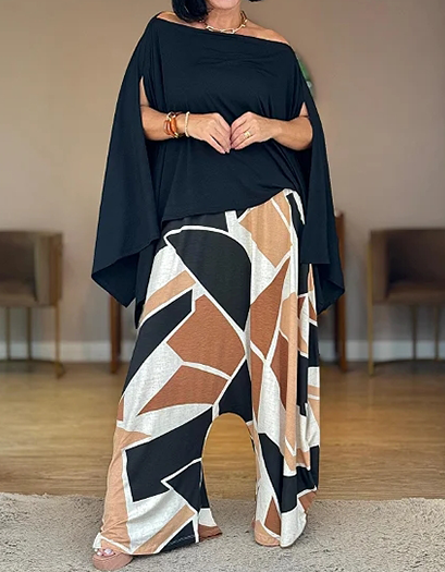 Women's Casual Solid Top & Printed Pants Set – Effortless Everyday Style