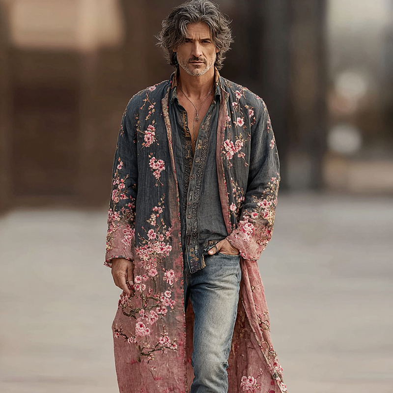Men's Japanese Cherry Blossom Pattern Linen Blend Long Kimono
