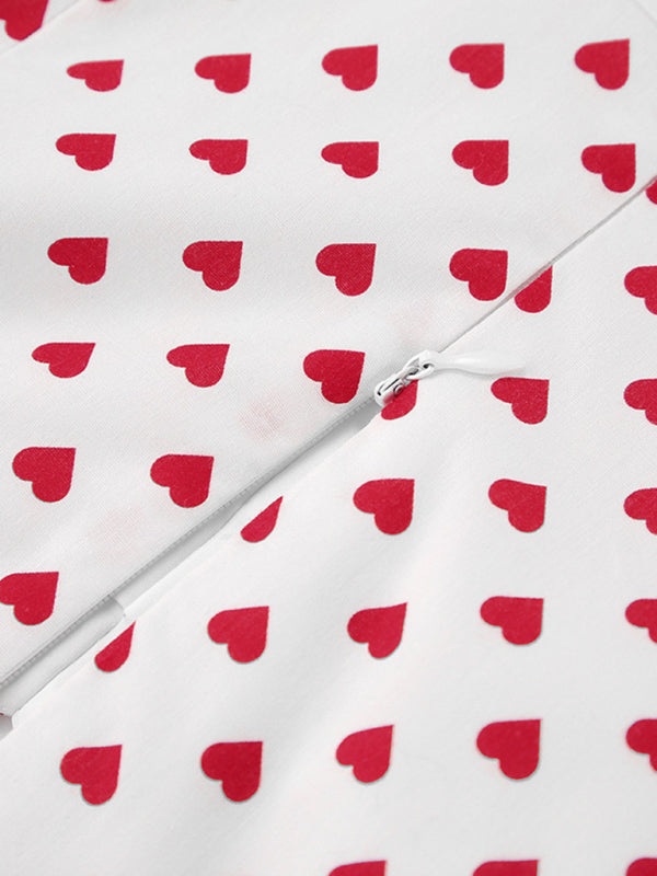 French Love Print One-Neck Short-Sleeved Puff Sleeve A-Line Skirt