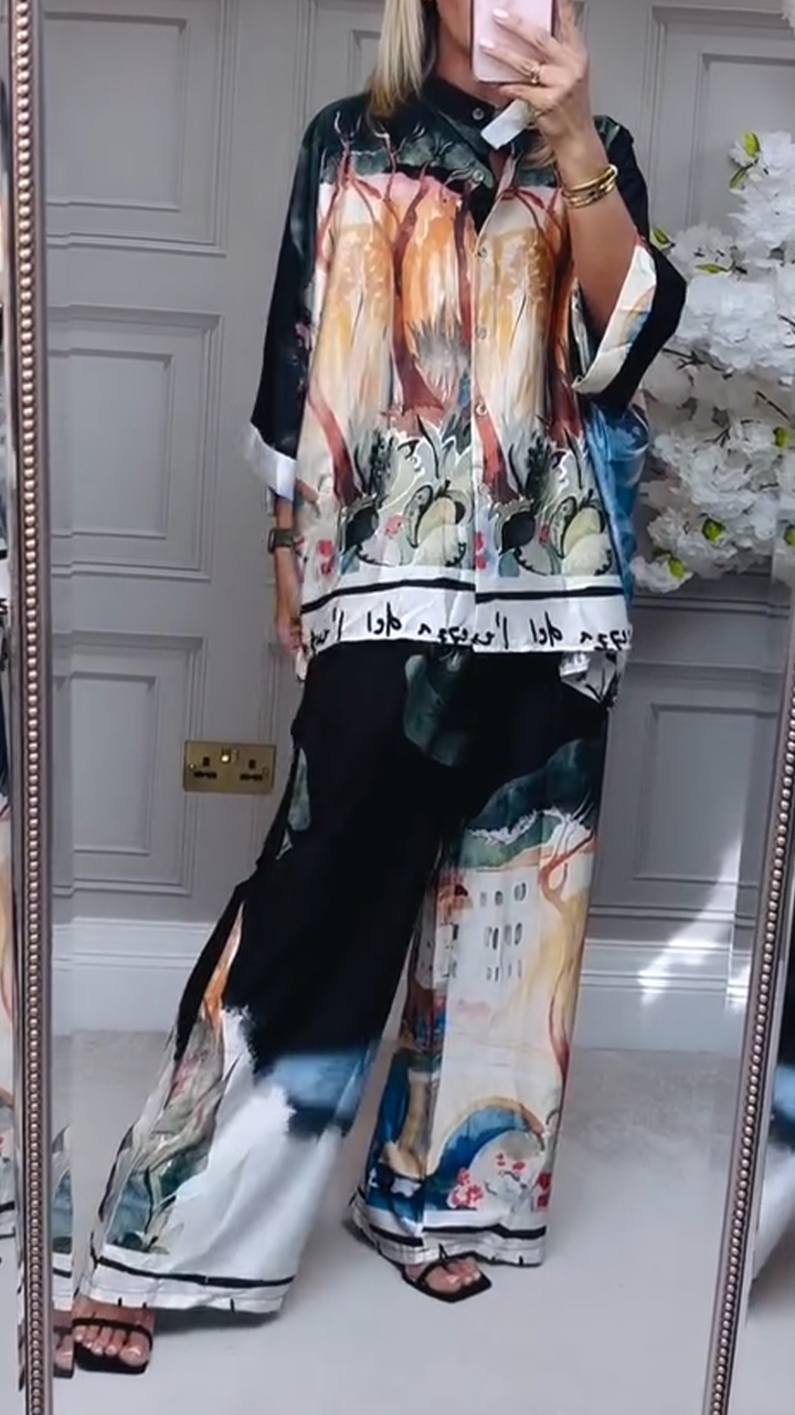 Women Round Neck Printed Loose Casual Suit