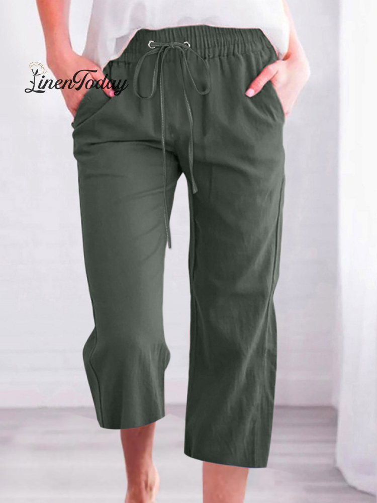 Women's Casual Summer Linen Pants High Waisted Loose Yoga Sweatpants Crop Pants with Pockets