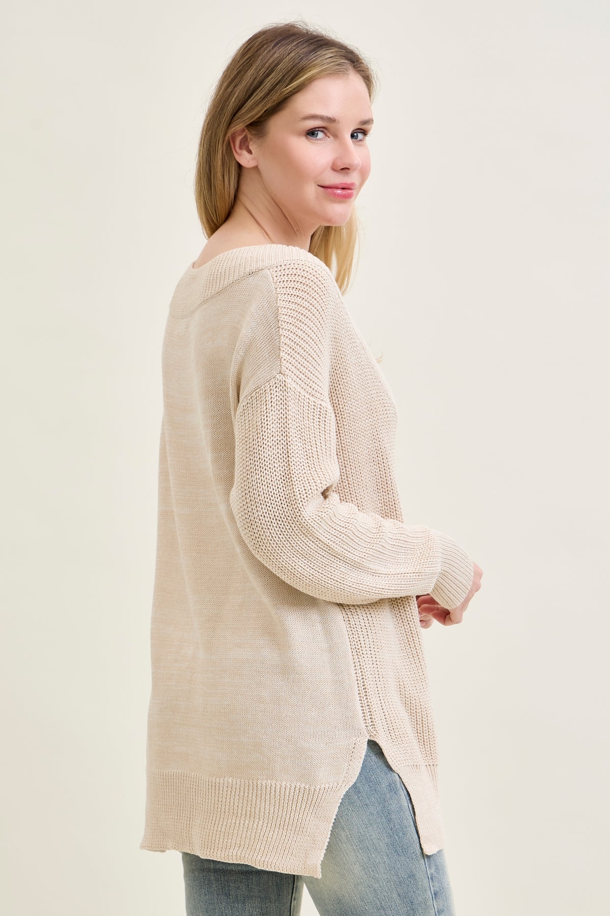 Slouchy V-Neck Off Shoulder Beige Sweater
