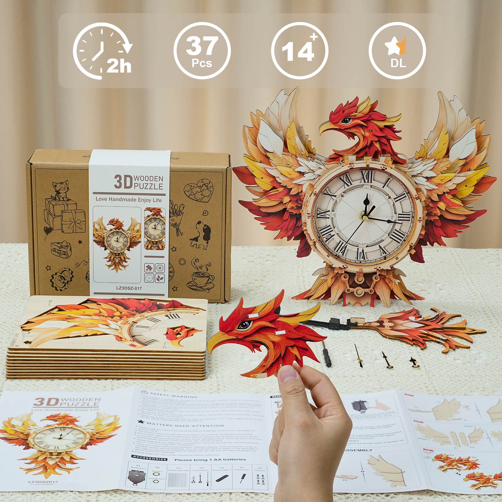 Phoenixâ€“ DIY Wooden Clock, 3D Puzzle Craft Kit