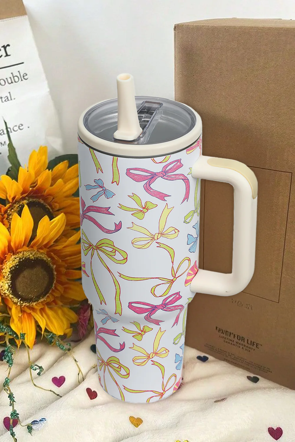 White Bow Knot Print Handle Straw Insulate Tumbler 40oz