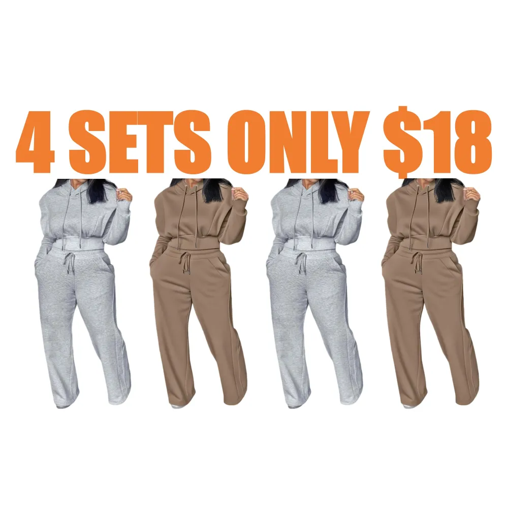 Hooded Long Sleeve Sweatshirt and Casual Wide Leg Sweatpants Set