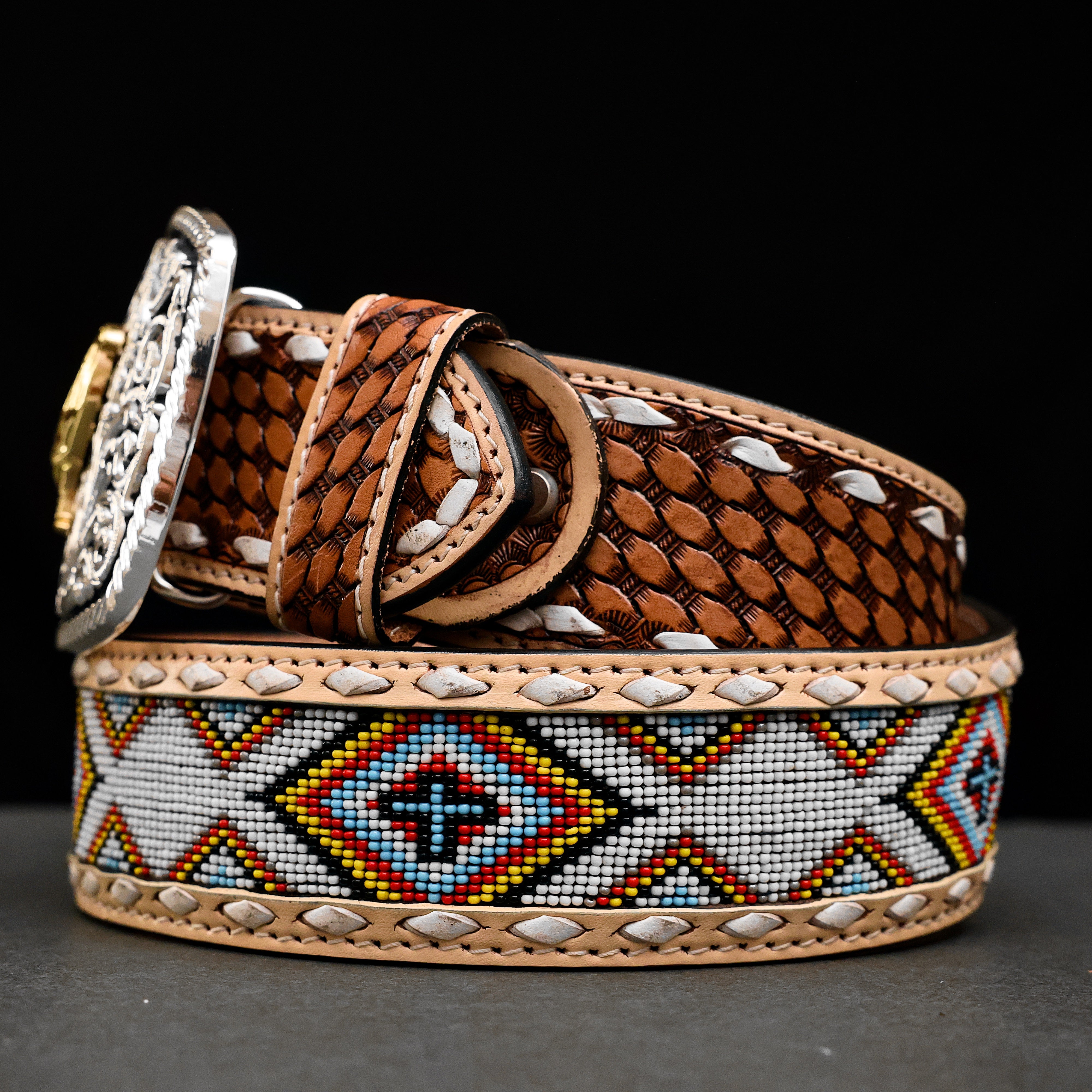 2 Inch Hand-Tooled Artesanal Beaded Leather Belt