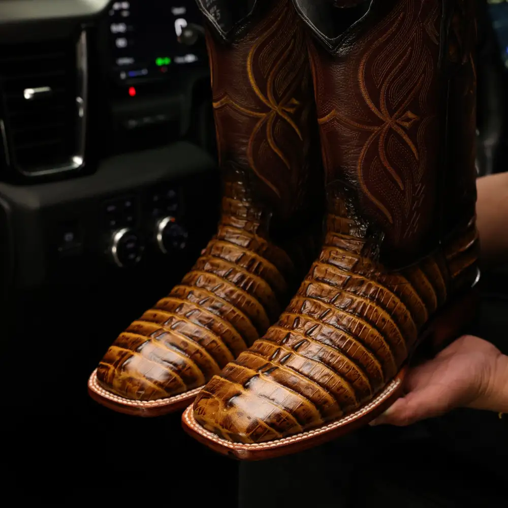 Honey Caiman Tail Leather Boots - Square Toe