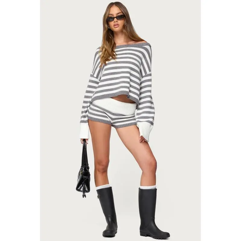 Women's StripedKnit Casual Sweater & Shorts Set